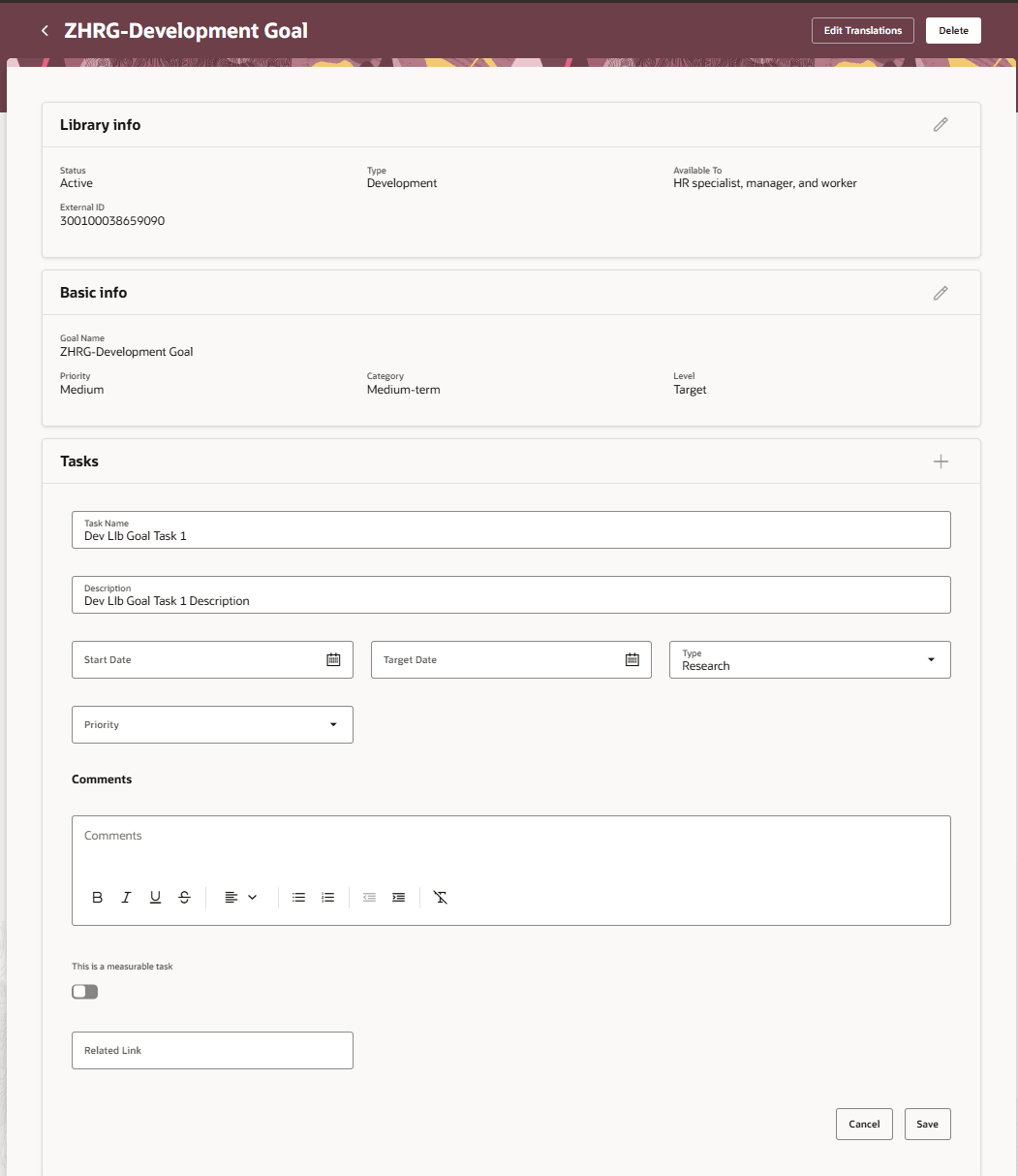 A development library goal with task description