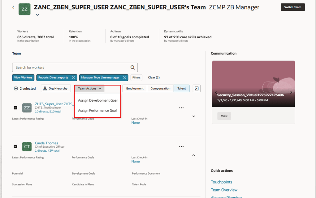 Team Activity Center with actions to assign goals highlighted