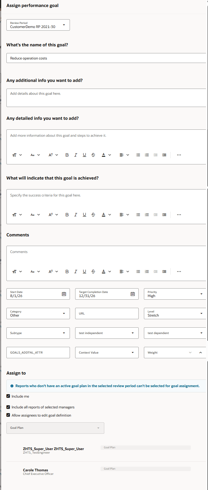 Panel to assign performance goal