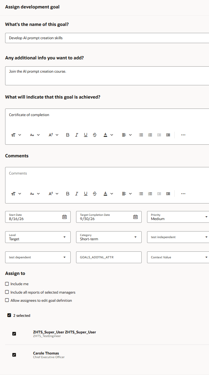 Assign development goal panel 