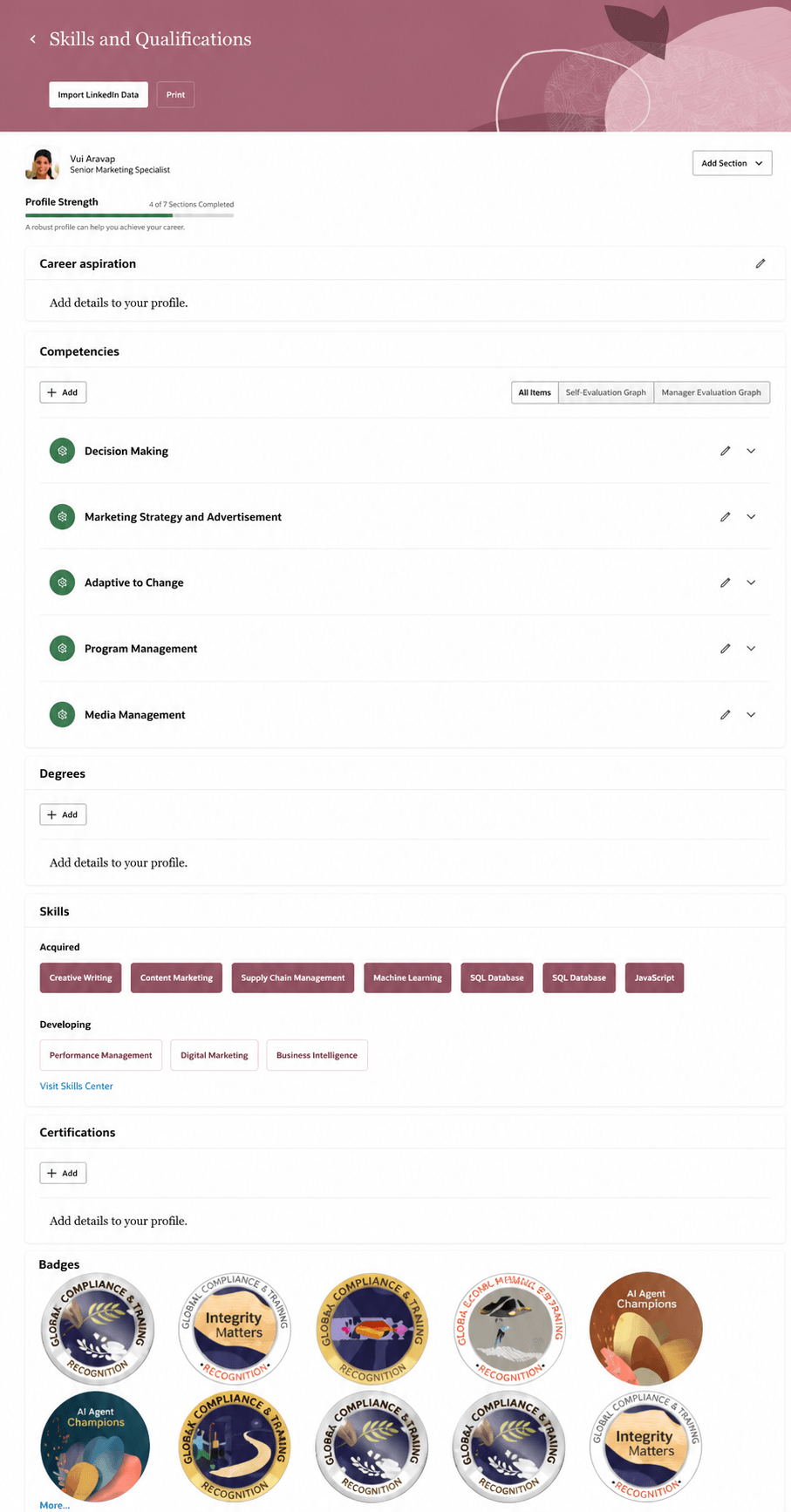 Badges displayed in a person profile