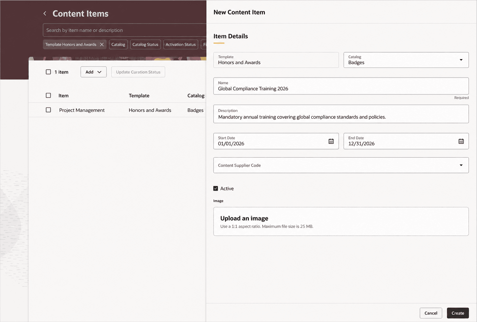 Creating a badge content item in Item Catalogs