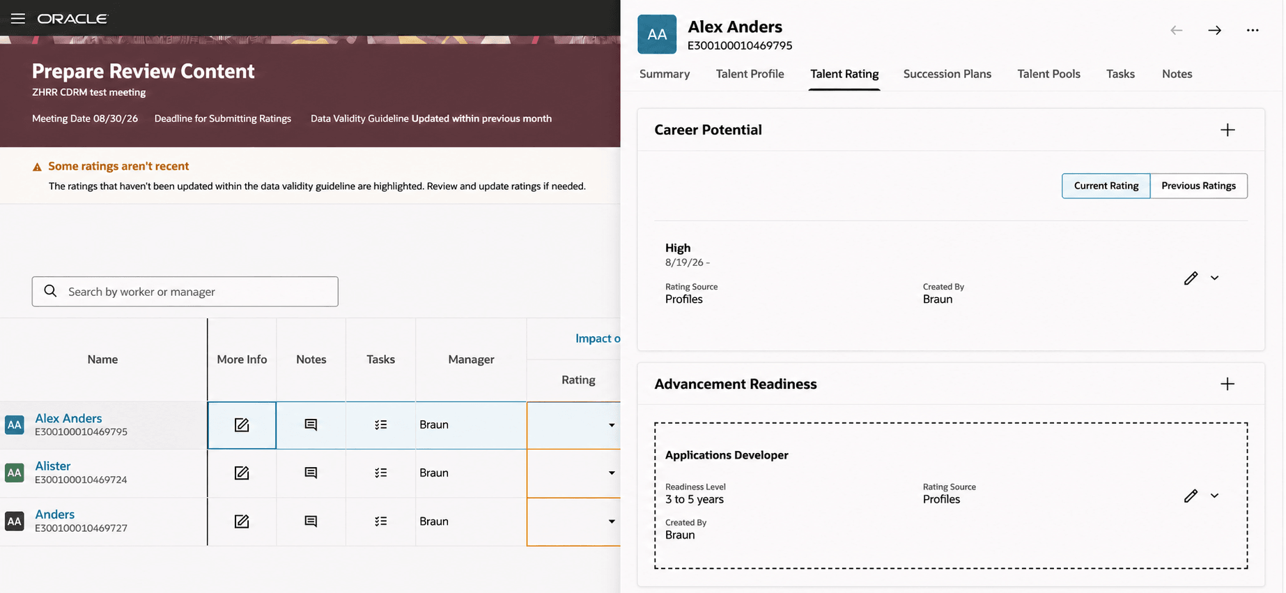 Talent Rating for employee displayed in Talent Review