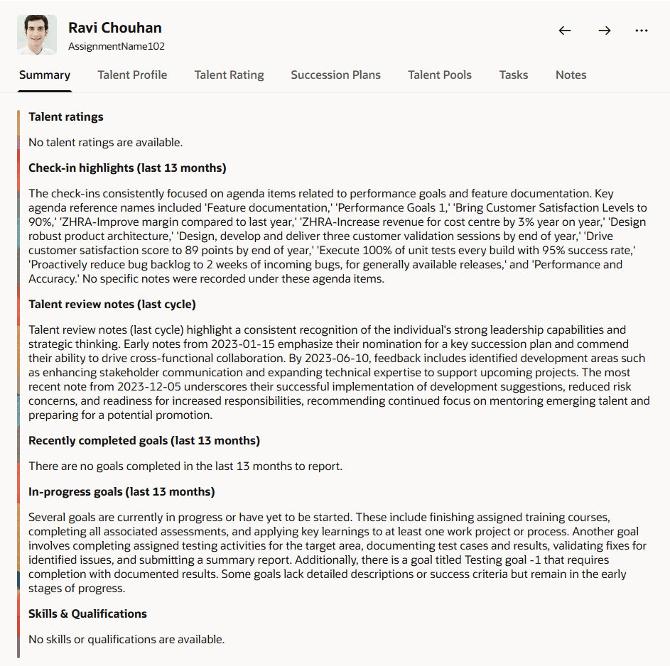 AI generated talent summary of a team member