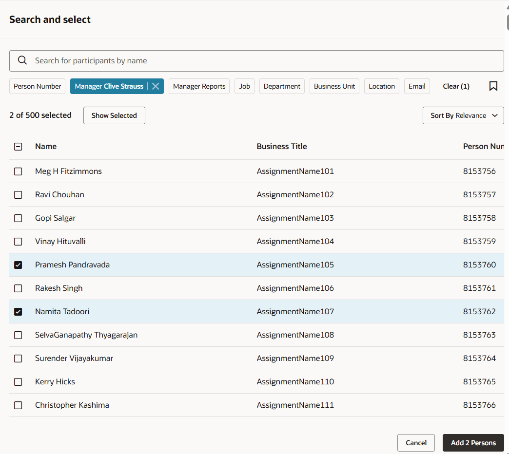 Image of Search and select panel that shows 2 managers selected as participants