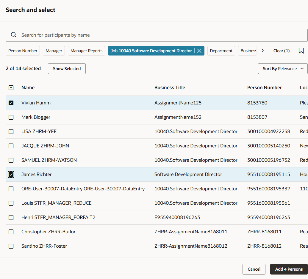 Image of Search and select panel that shows 2 more persons selected as participants