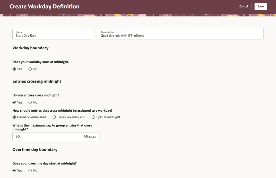 Example Workday Definition with Start Day Earning Rule