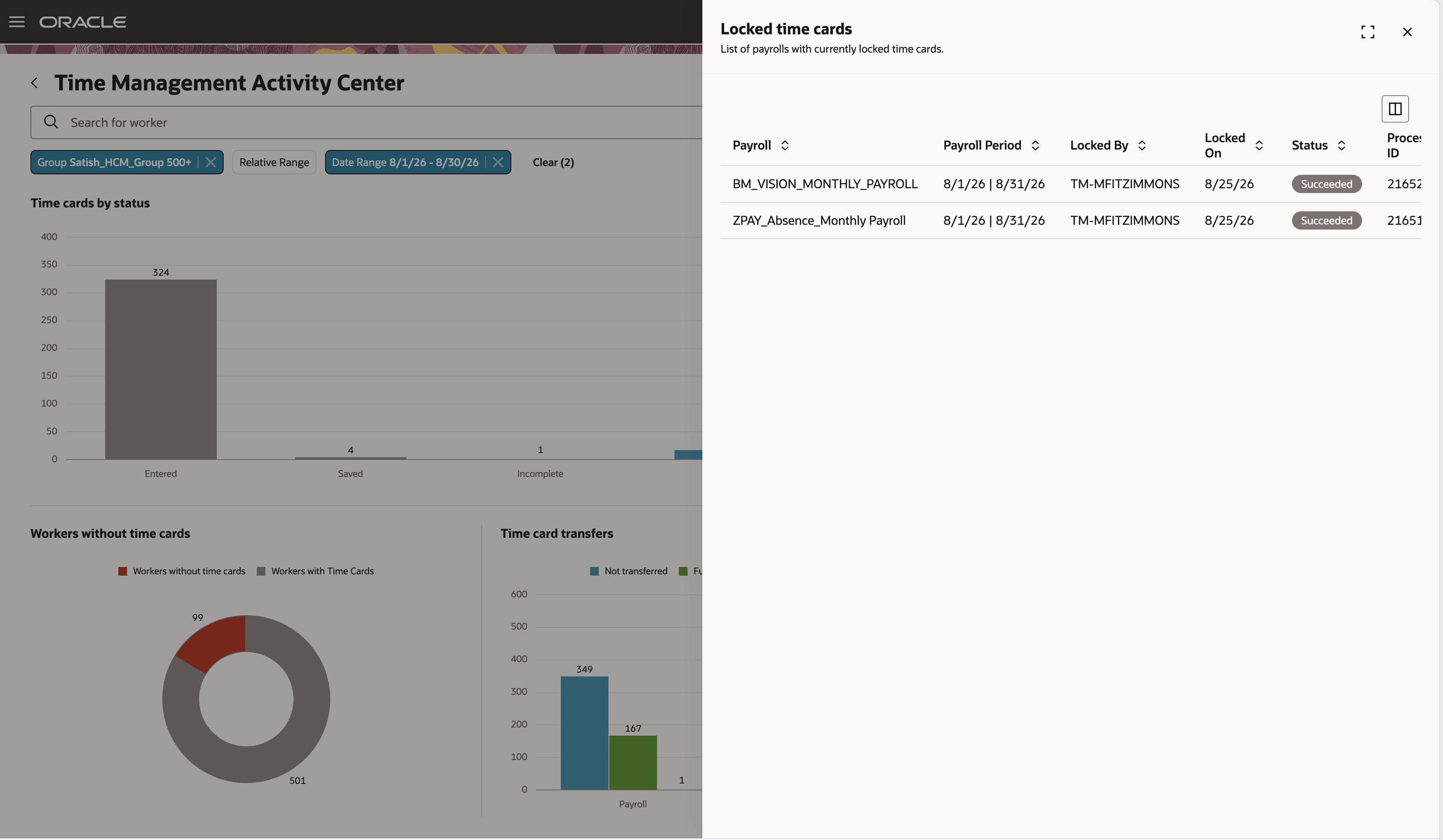 The Locked time cards drawer displays payroll periods with currently locked time cards and their processing status.