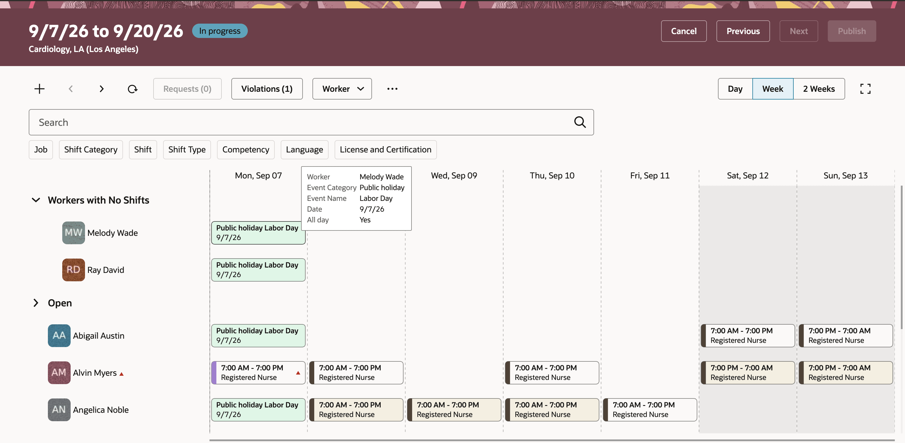 Public Holiday event showing for Workers who are not scheduled in the Workforce Schedule Gantt Page