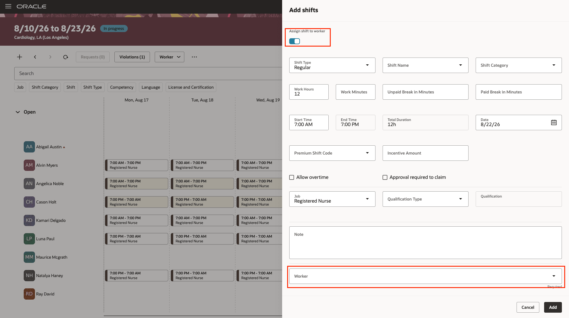 Create and Assign Shift to a Worker
