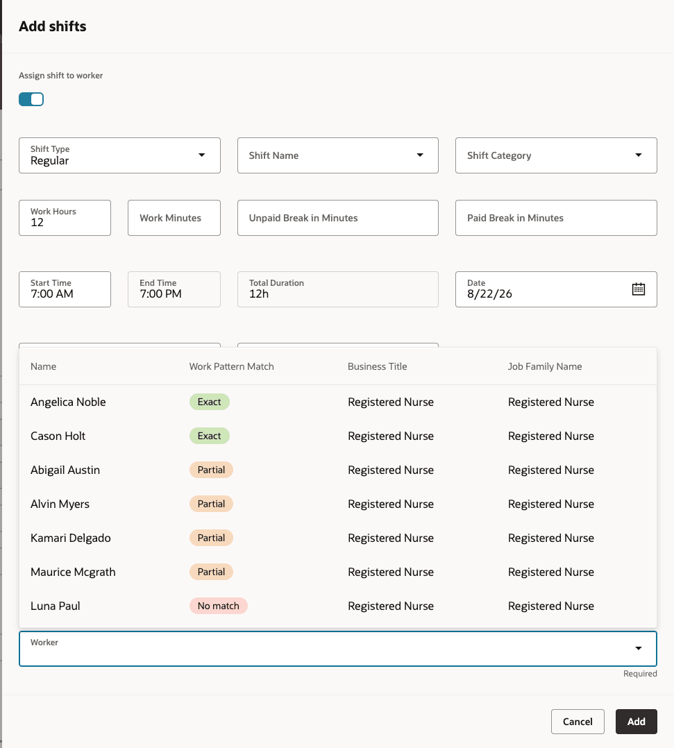 Assign Shift to a Worker with Work Pattern Match Shown