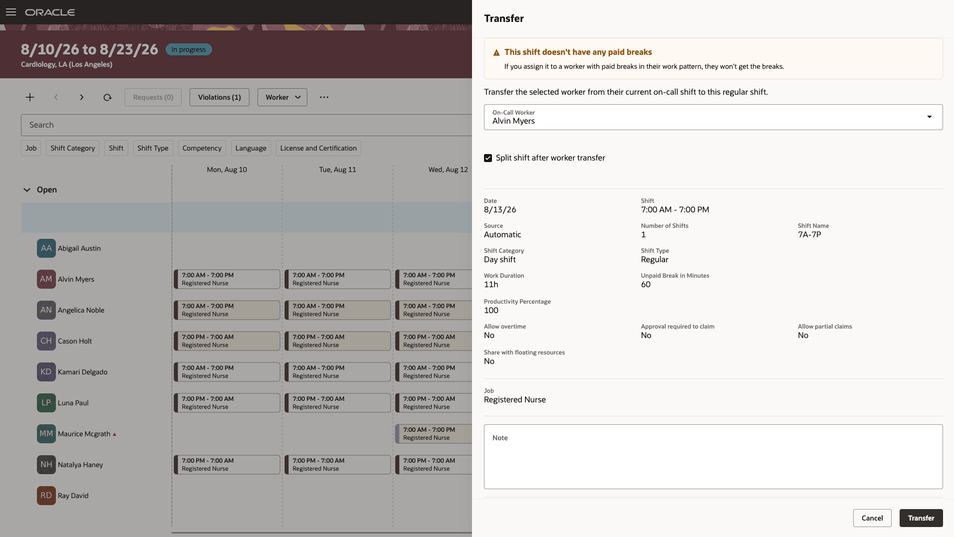 Split shift after worker transfer option