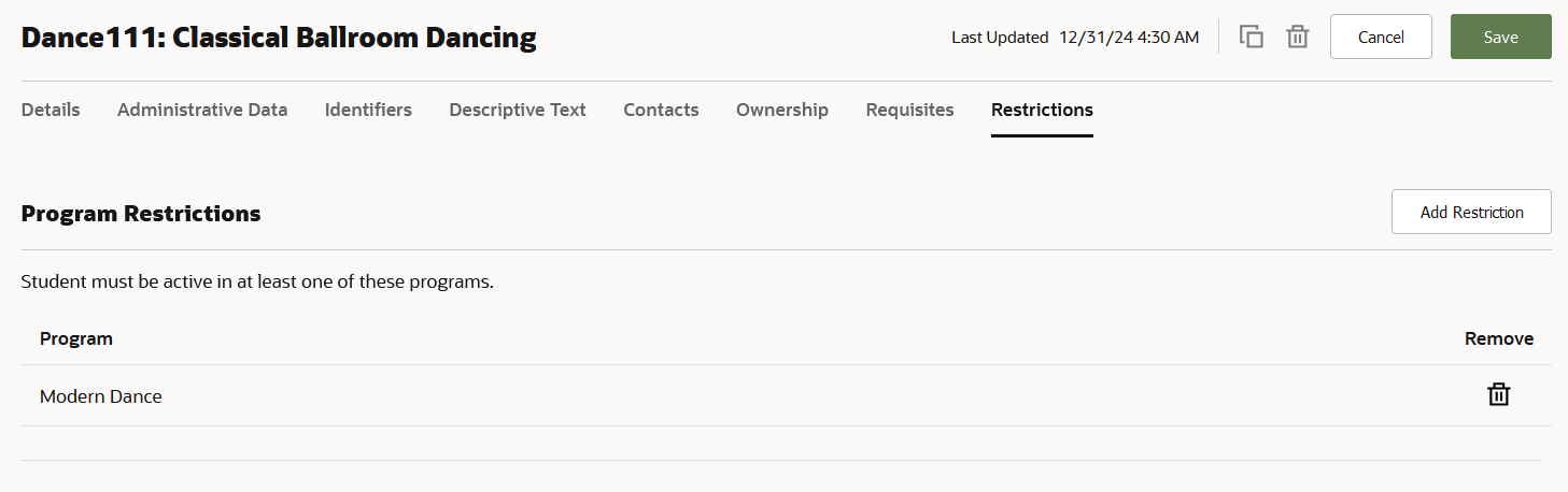 Program Enrollment Restrictions Configuration