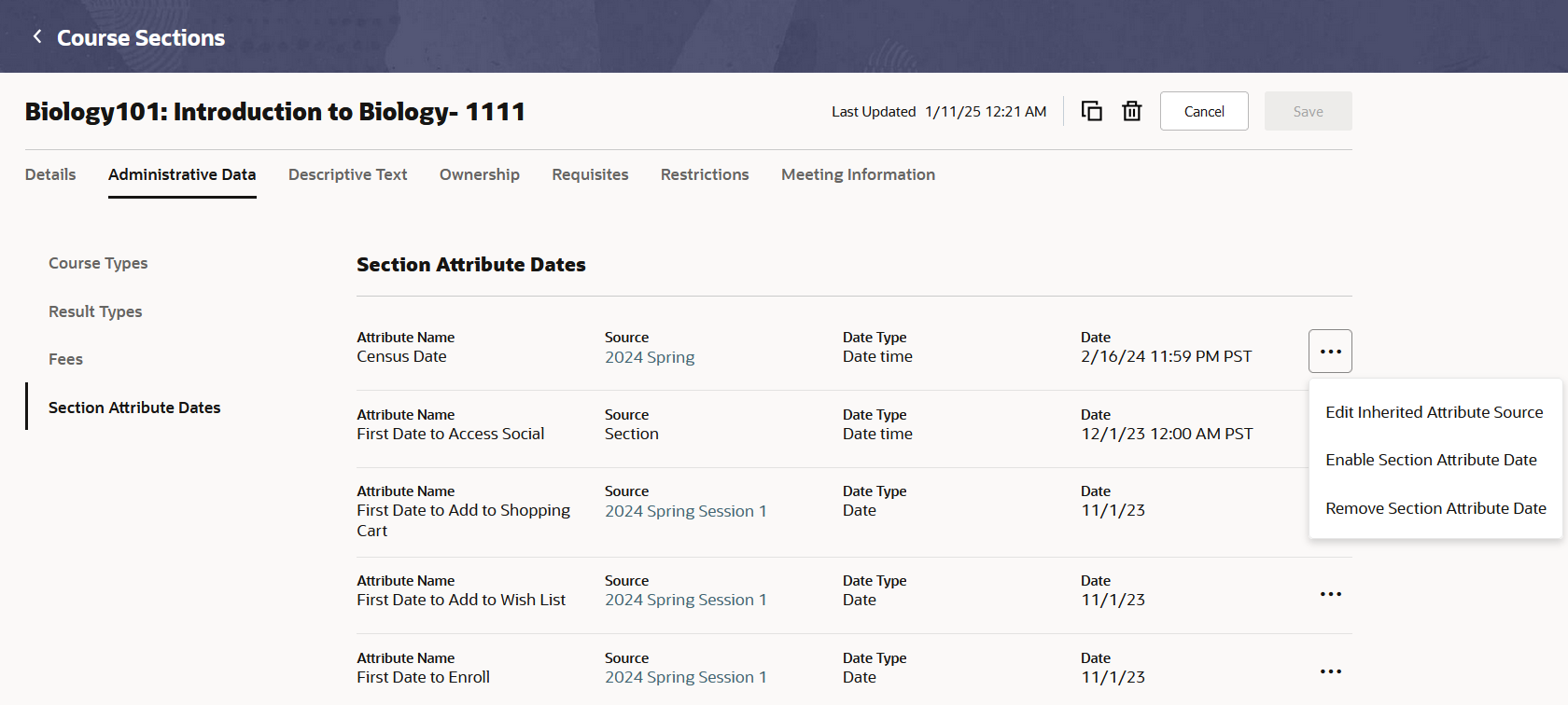 Course Section Attribute Date Configuration