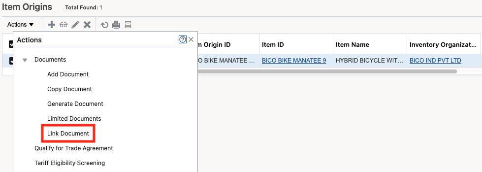 Link Document action on the Item Origin and Declaration objects