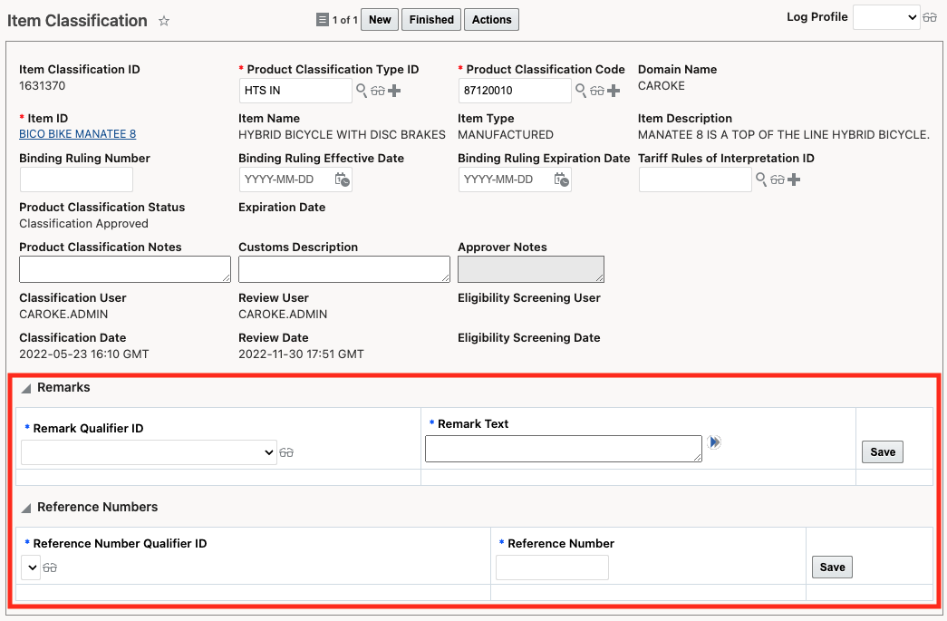Reference numbers and remarks added to item classification 