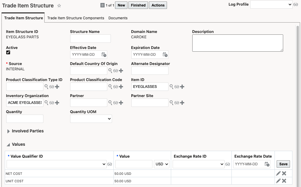 Example, trade item structure called 'EYEGLASS PARTS'