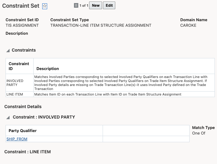 Example constraint set used to match a trade item structure to a trade transaction line