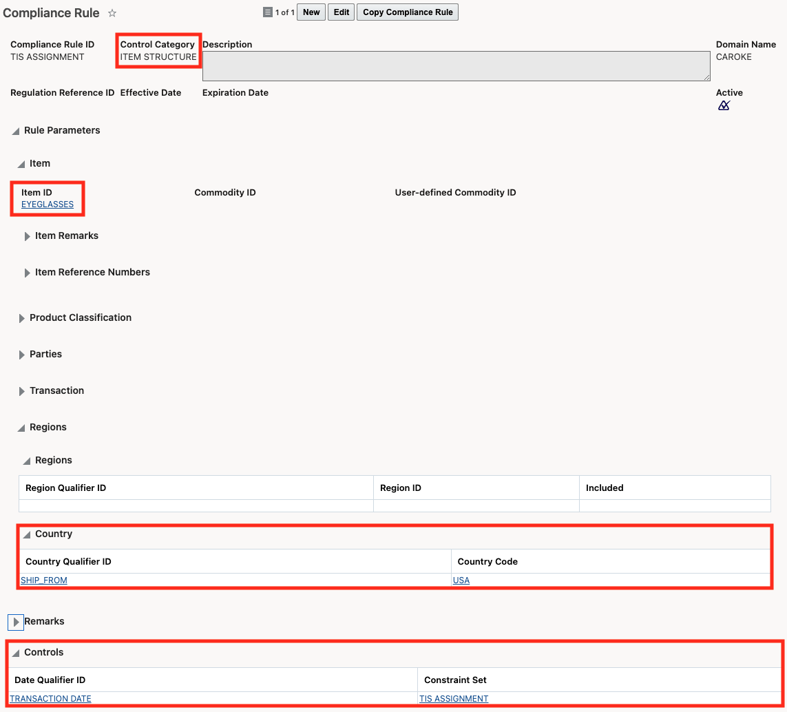 Example - Compliance Rule to assign a trade item structure to a transaction line using compliance rules