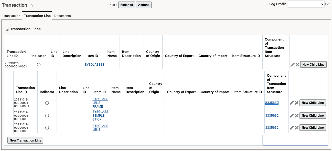 Example - child transaction lines contain the same items as the trade item structure components