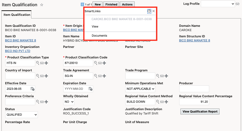 Example - SmartLink added for Item Qualification