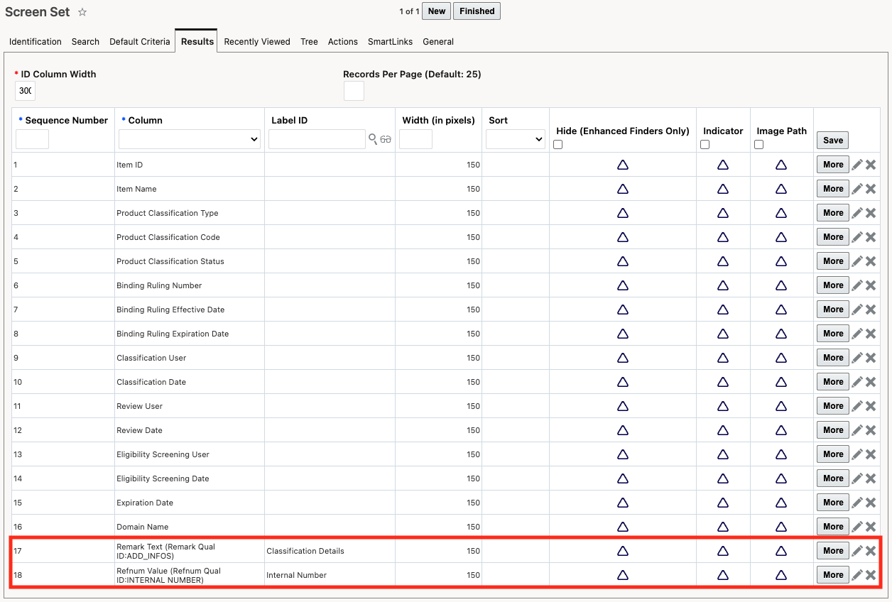 Screen set setup reference numbers and remarks