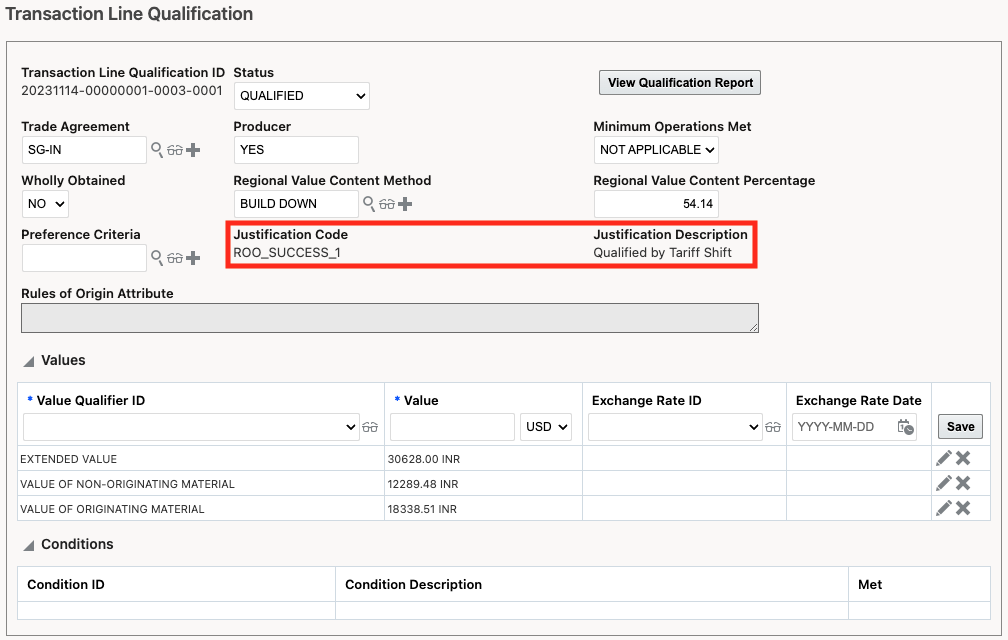 Justification Code added to the Transaction Line Qualification