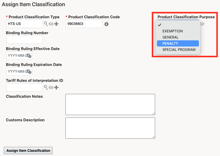 Assign Item Classification Action and Process Management