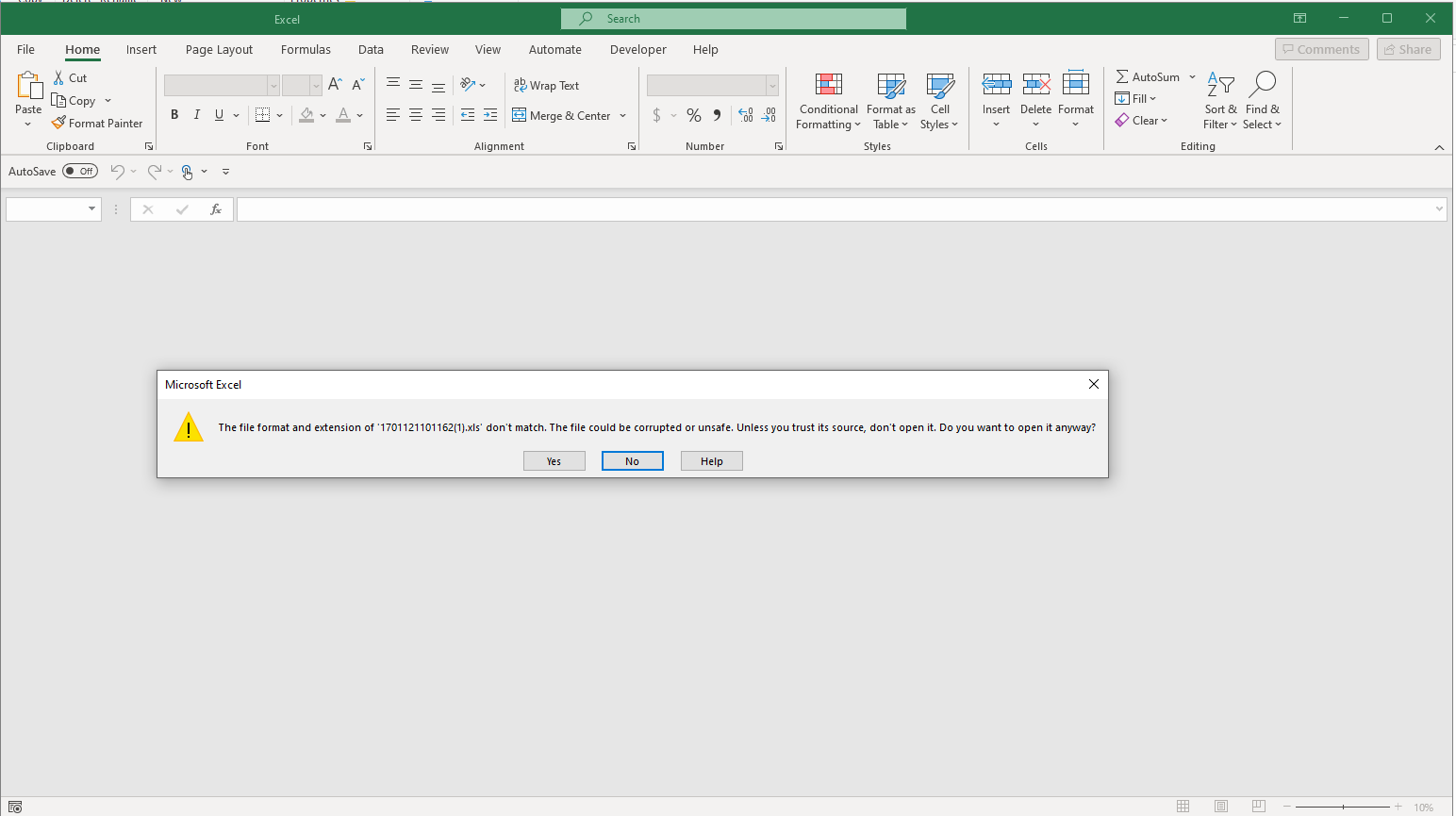 Unformatted Excel .XLS Format Extension Message