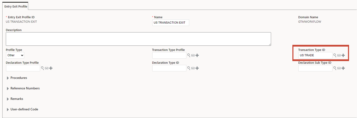 Entry Exit Profile  Transaction Type Id