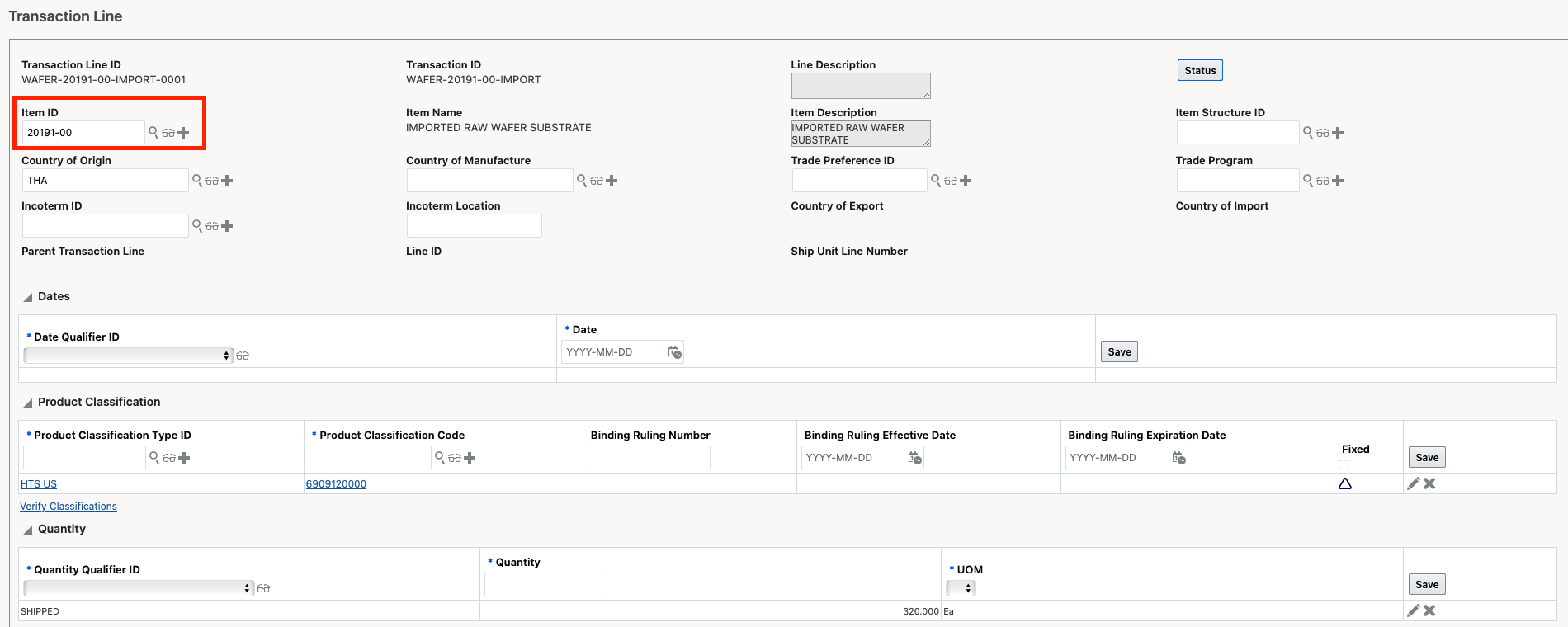Example entry transaction line for component 