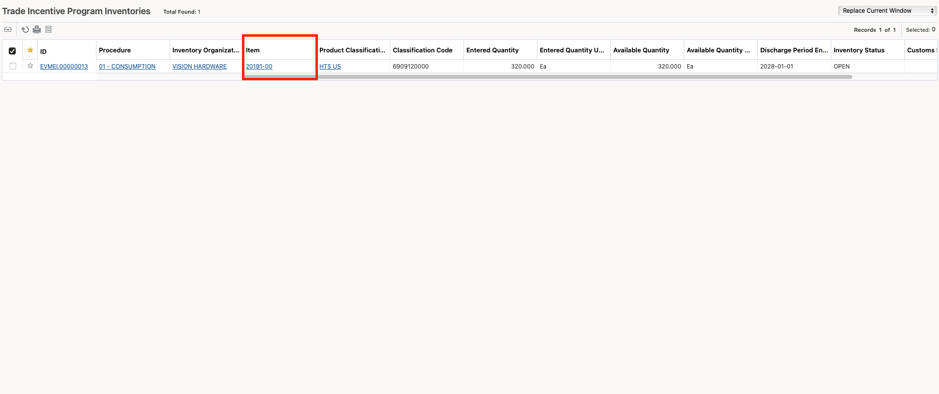 Inventory balance  updated after running Record Entries into the Program Action
