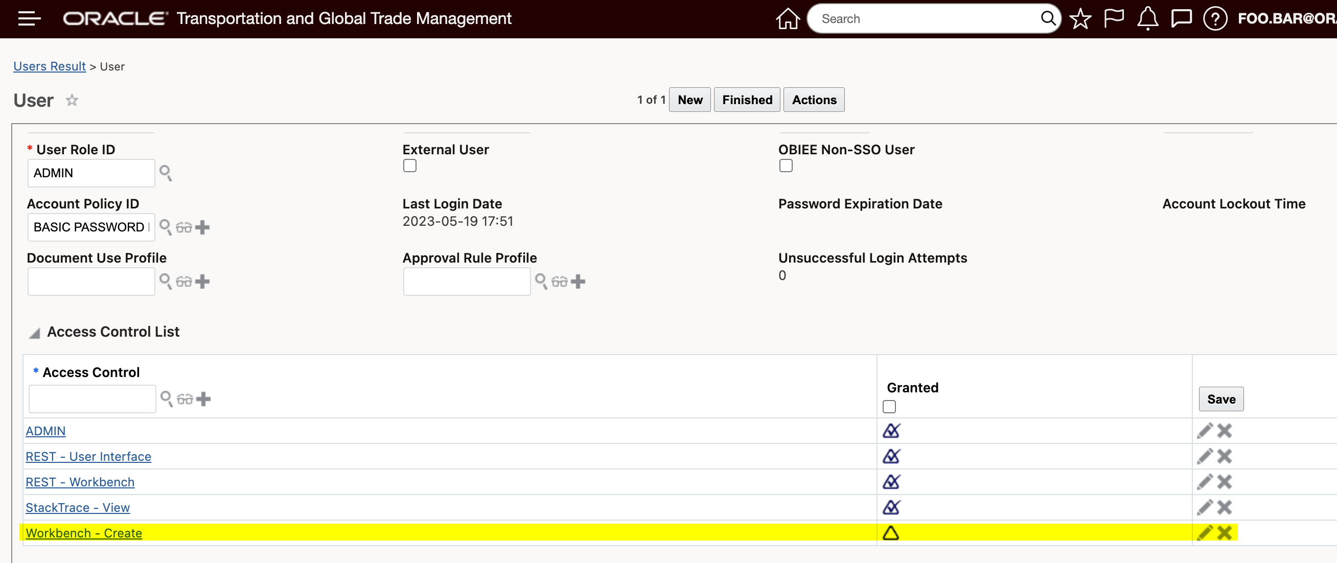 Access Control List to determine if Create and Copy functions are available to the user