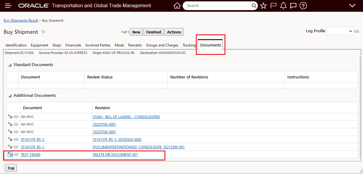 Buy Shipment Document Tab