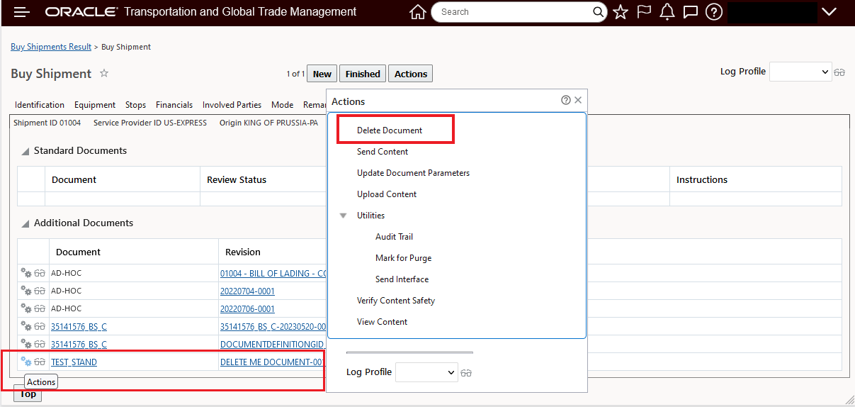 Document Menu Options for Additional Document Delete Me Document