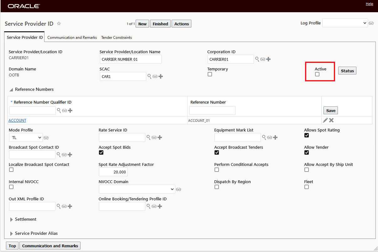 Uncheck the Active Flag on Service Provider Carrier01