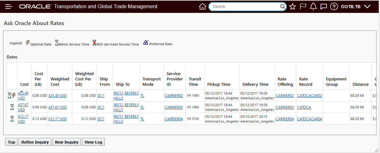Rate Inquiry Result - Service Provider Carrier01 Inactive