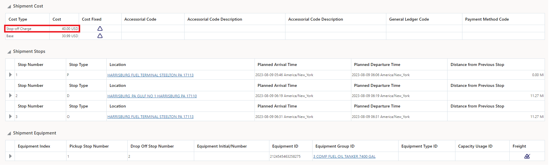 Stop-off Charges with Data Rule