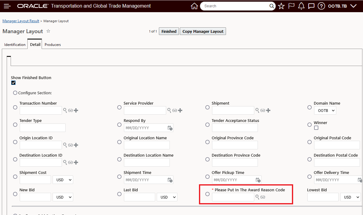 Configure Award Reason Code field