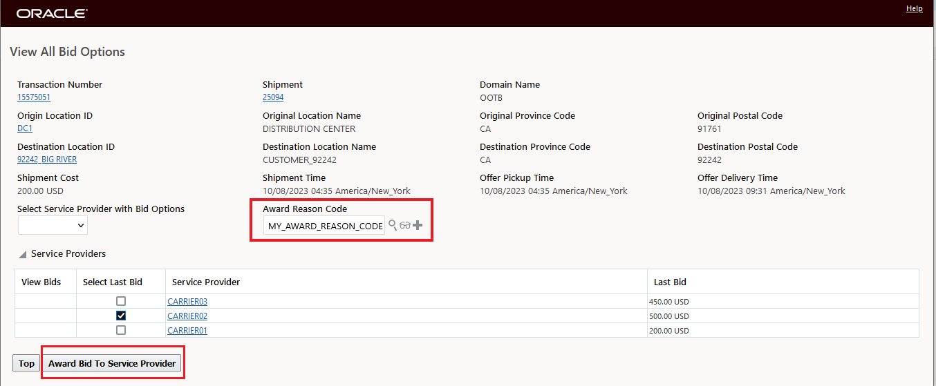 Award Reason Code Provided