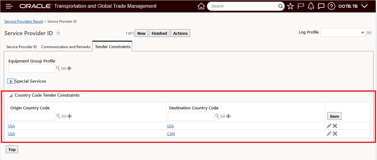 Service Provider Carrier02 USA to USA and USA to CAN Tender Constraint