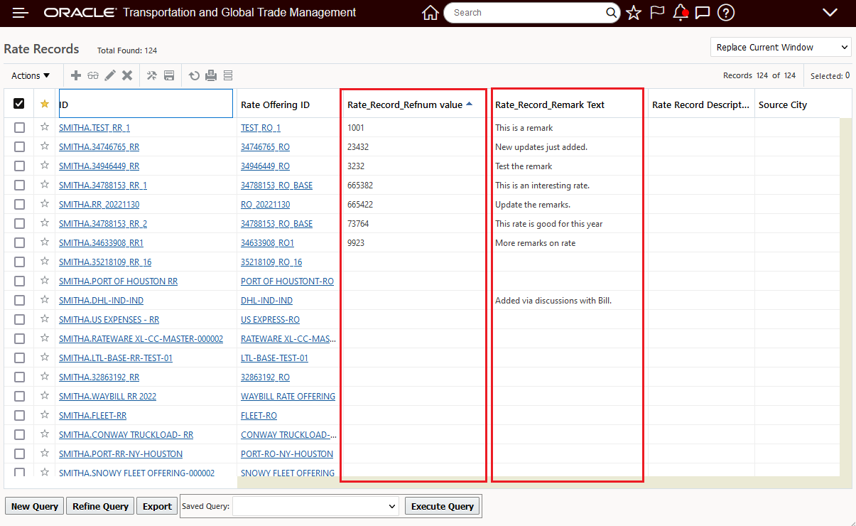 Rate Record Finder Result Grid Flattened Fields Reference Number and Remark