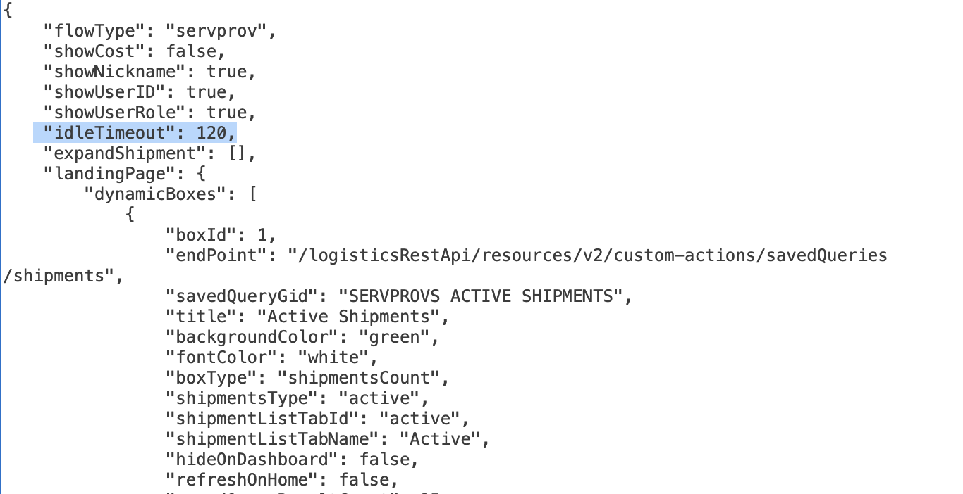 Sample idleTimeout value set to 120 minutes