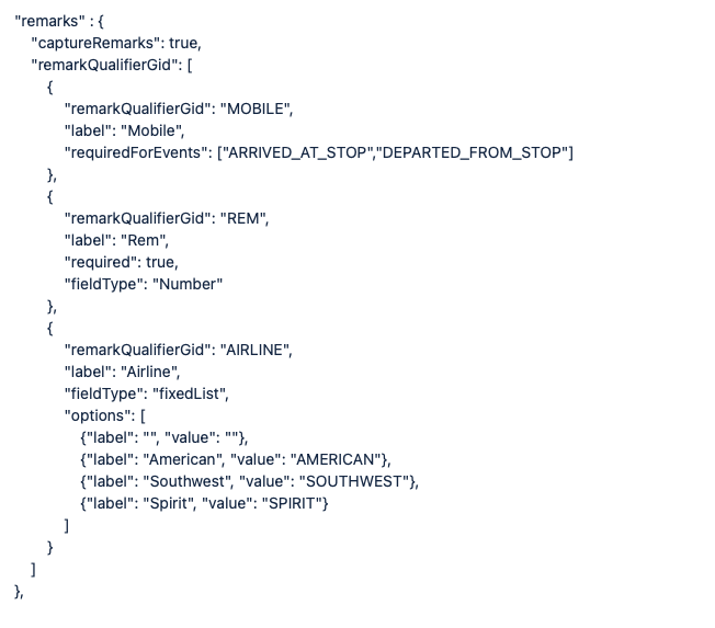 Example JSON adding three Remark fields