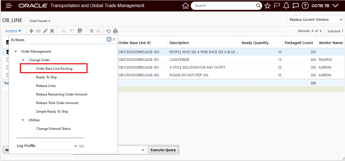 Ready Quantity Entered for the Order Base Lines