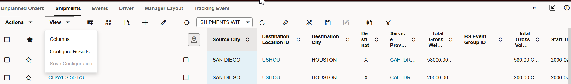 View menu on the Workbench table suppots additional options: Column and Configure Results