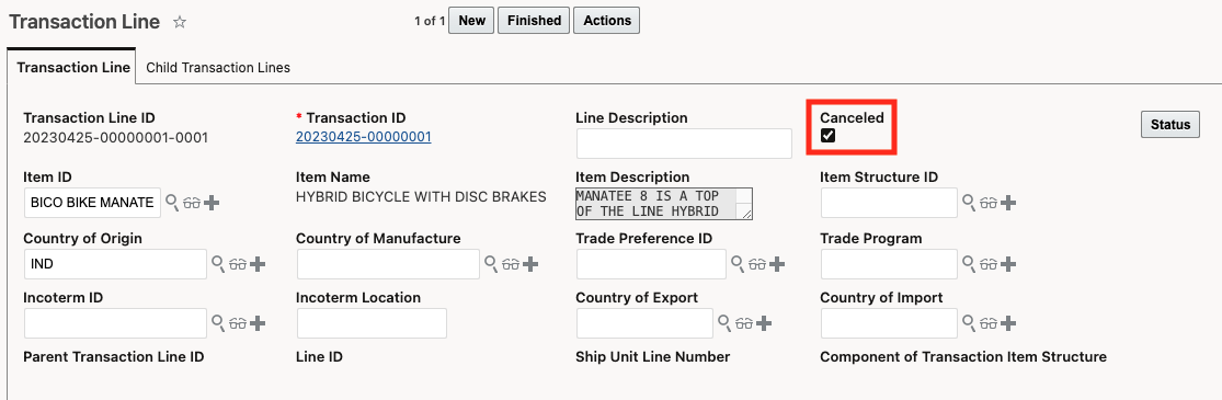 Trade Transaction Line Canceled Checkbox