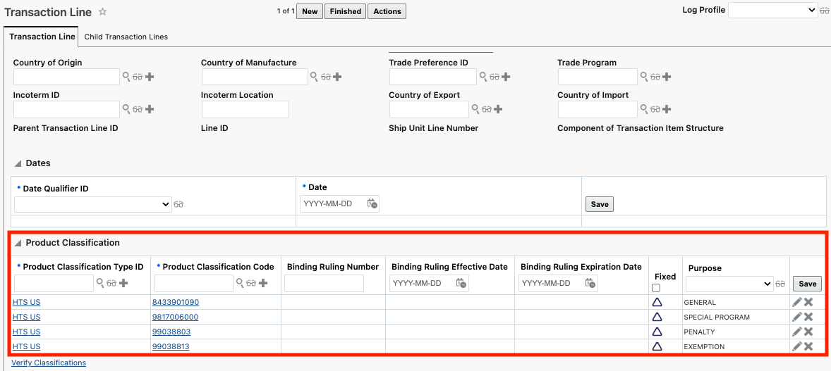 Trade Transaction Line with Multiple Classification Codes