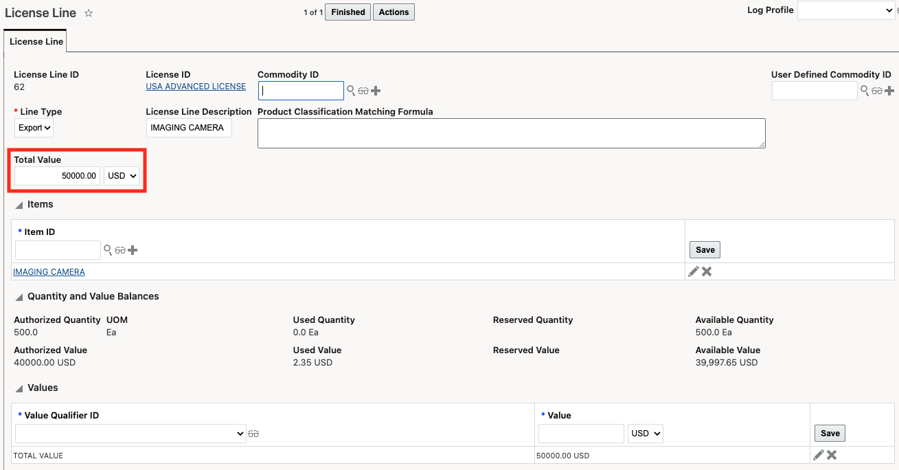 License Line with Total Value