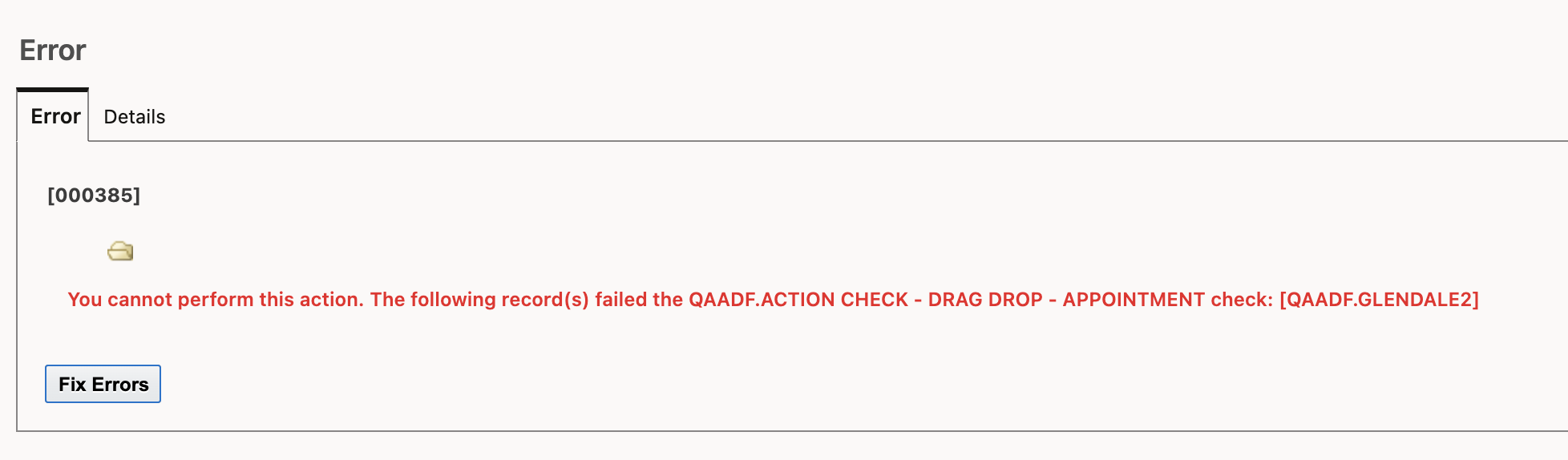 Action check error message